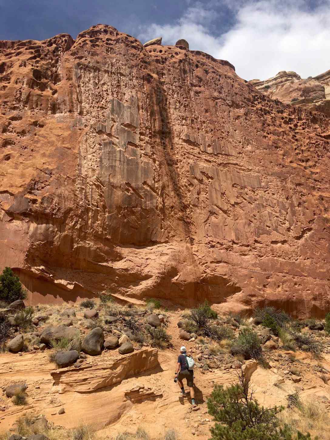 Scrambling up the sandy slop toward the Pleasant Creek trail petroglyphs