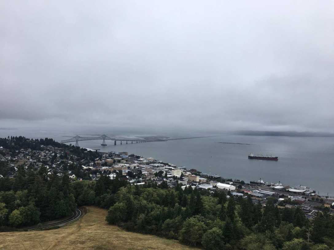 Astoria Oregon Waterfront Megler Bridge Cargo ships viewed from Astoria Column