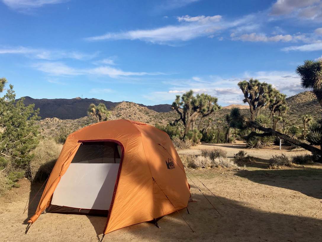 Gear Review REI Co-op Grand Hut 4 tent camping at Black Rock Canyon campground Joshua Tree National Park