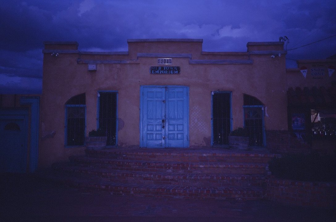 Expired Kodak Elite Chrome 35mm film photograph Old Town Emporium at Dusk Albuquerque, New Mexico
