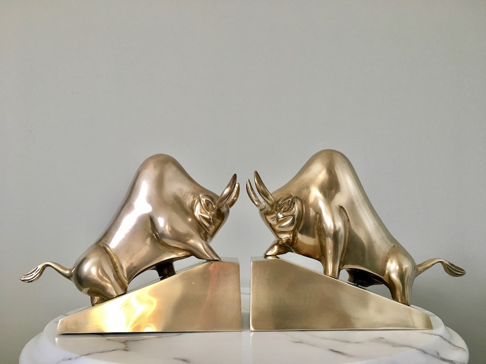 Mid century modern modernist Brass Bull bookends