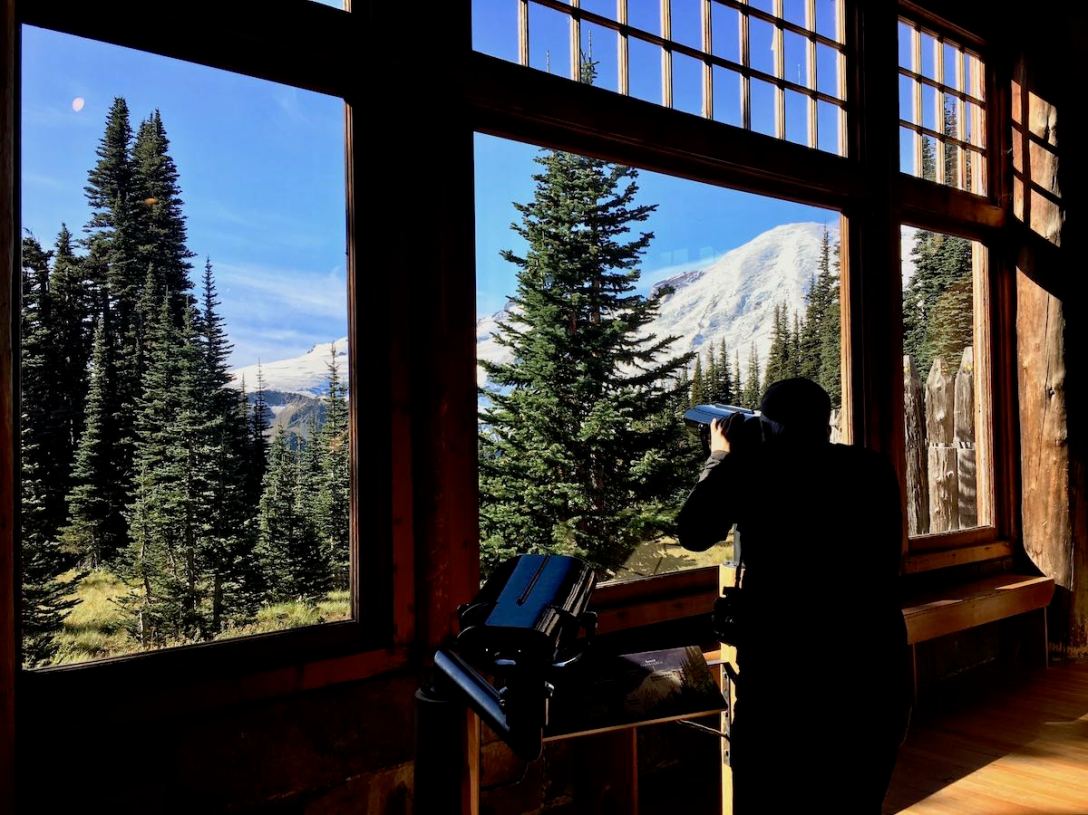 View of Mount Rainier from inside the Sunrise Visitor Center