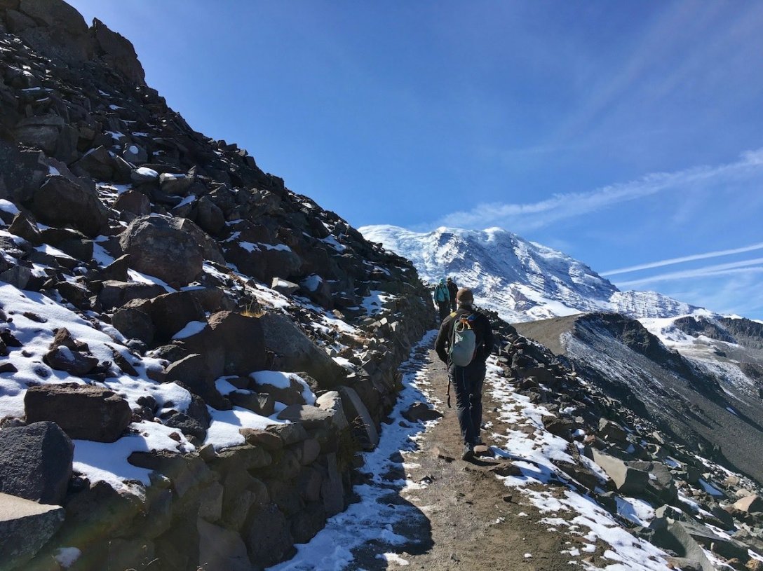 Hiking through Talus slope on Trail to First Burroughs Mount Rainier National Park