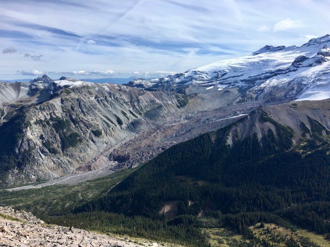 Views of the White River, Emmons Moraine, Frying Pan Glacier, and Goat Island Mountain from the Sunrise Rim trail in Mount Rainier National Park