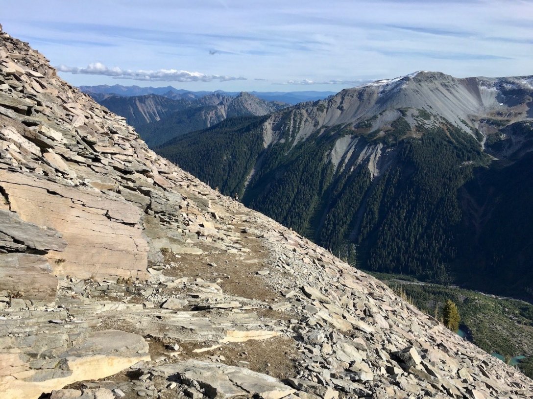 Hiking mountainside through Talus slope on the Sunrise Rim trail in Mount Rainier National Park