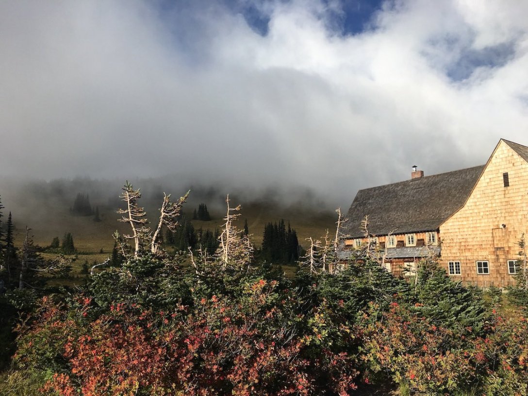 Clouds roll in behind the Day Lodge at Sunrise in Mount Rainier National Park