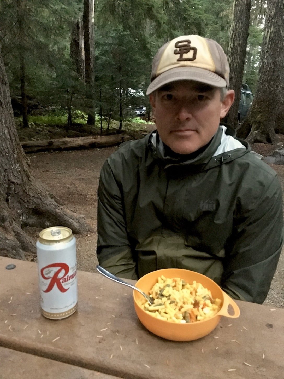 Enjoying a Rainier Beer and Macaroni dinner at the campground after a long day of hiking