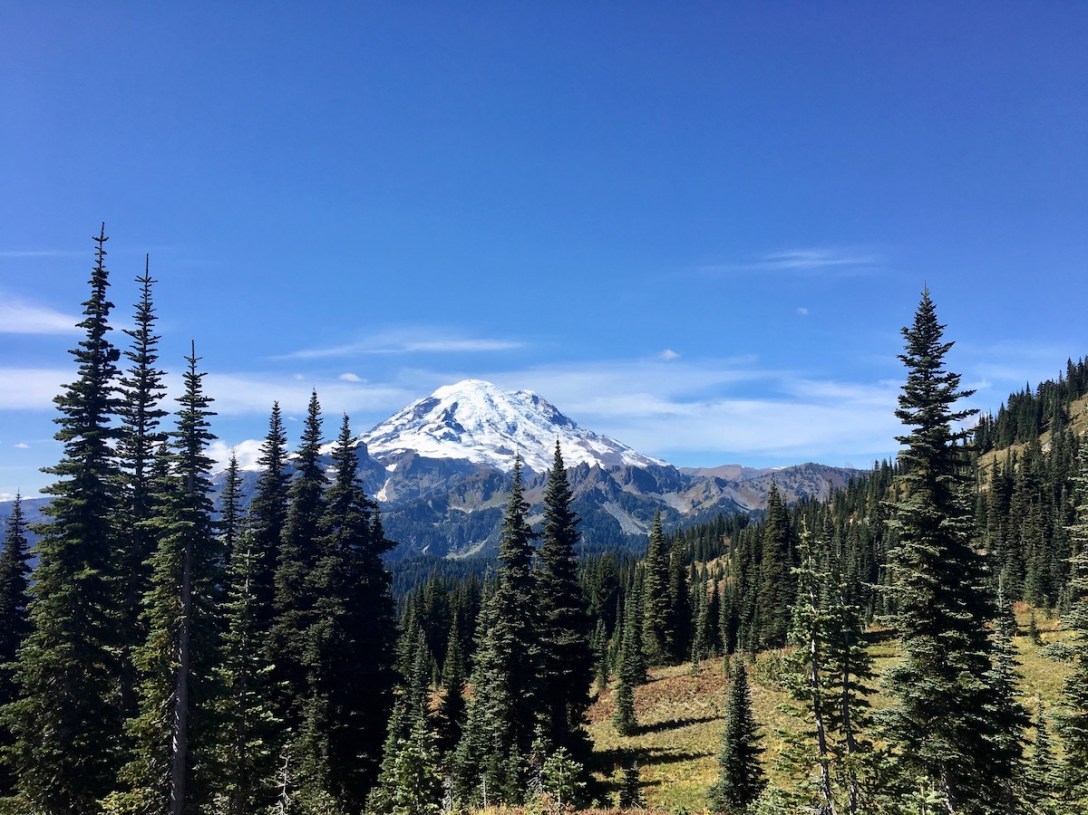 View of Mount Rainier from the Naches Peak loop trail in Mount Rainier National Park