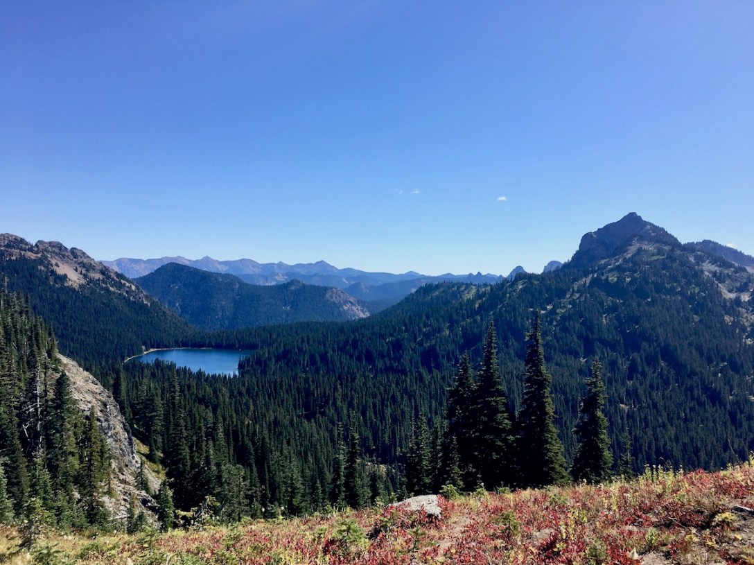 Looking southeast toward Dewey Lake from the Naches Peak loop trail in Mount Rainier National Park