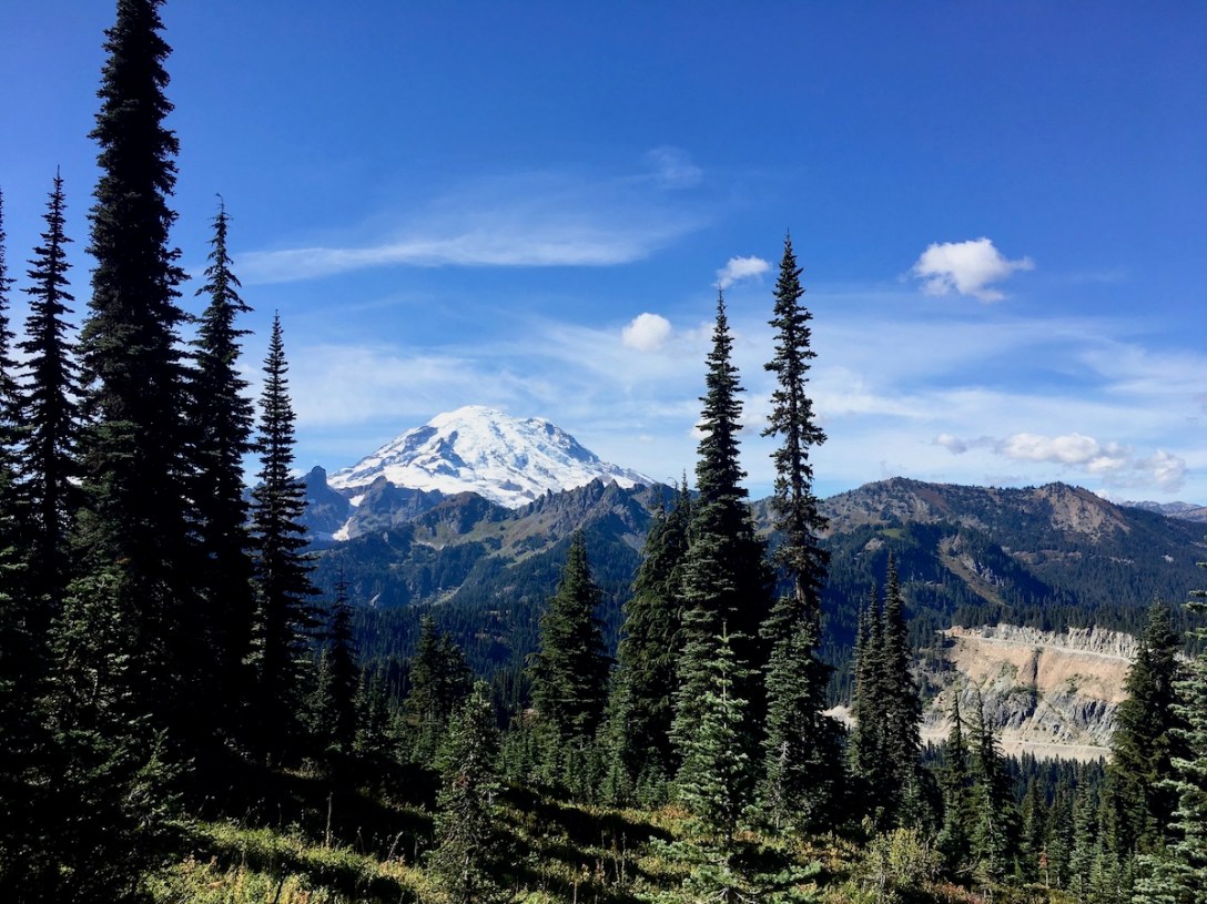 View of Mount Rainier from Naches Peak parking area