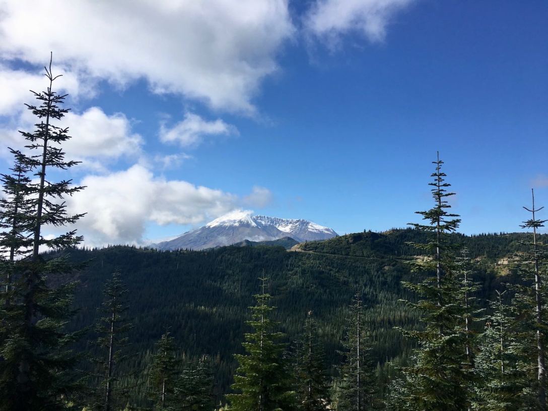 Distant viewpoint on east side of Mount St. Helens National Volcanic Monument