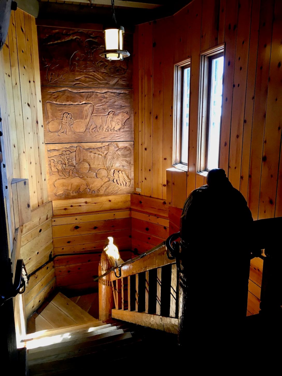 Carved Wood Art Panels and newel posts in the Timberline Lodge, Mt. Hood