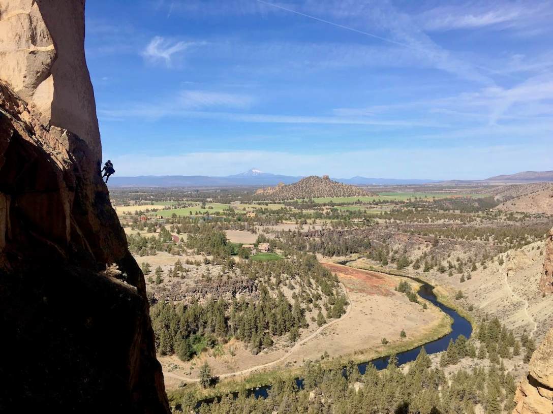 Rock climbers on Monkey Face Pinnacle in Smith Rock State Park, Oregon