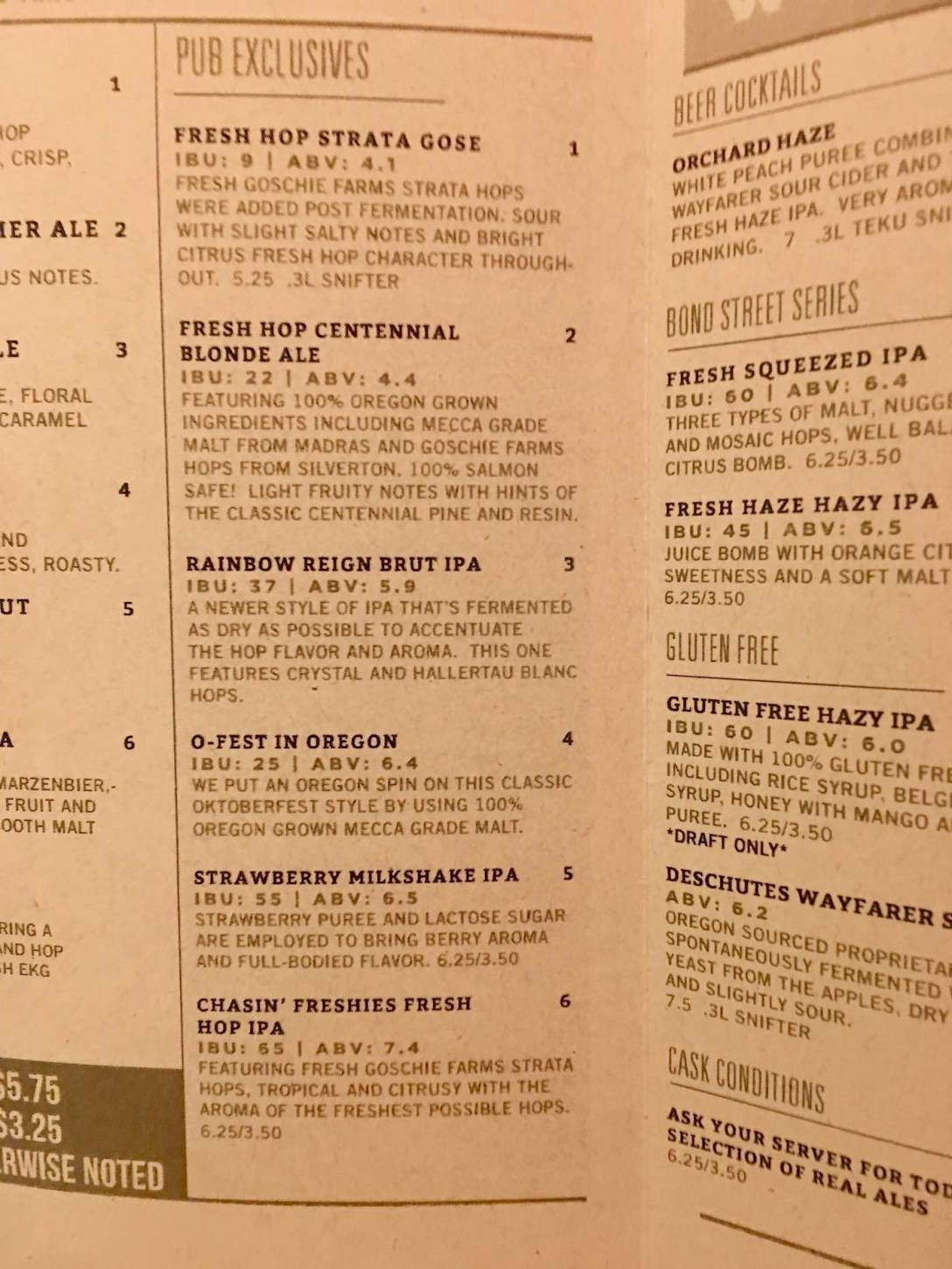 Seasonal Beer Menu at Deschutes Brewery and Public House in downtown Bend, Oregon