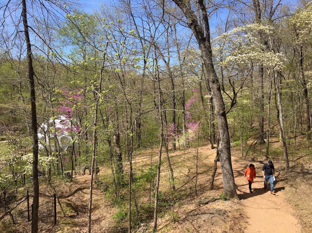 Woodland hiking trails and Fly's Eye Dome at Crystal Bridges Museum of American Art in Bentonville, Arkansas