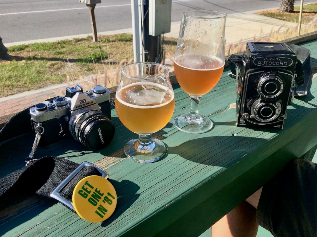 Good Beer and shooting vintage film cameras at The Woodwright Brewing Company in Dunedin, Florida - Minolta Autocord and Olympus OM-1