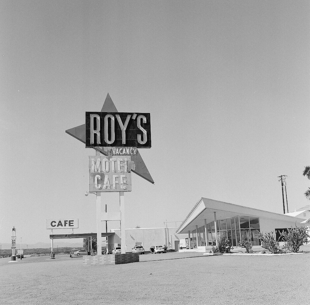 Medium format 120 mm monochrome film photography Roy's Motel and Cafe in Amboy, California along Route 66