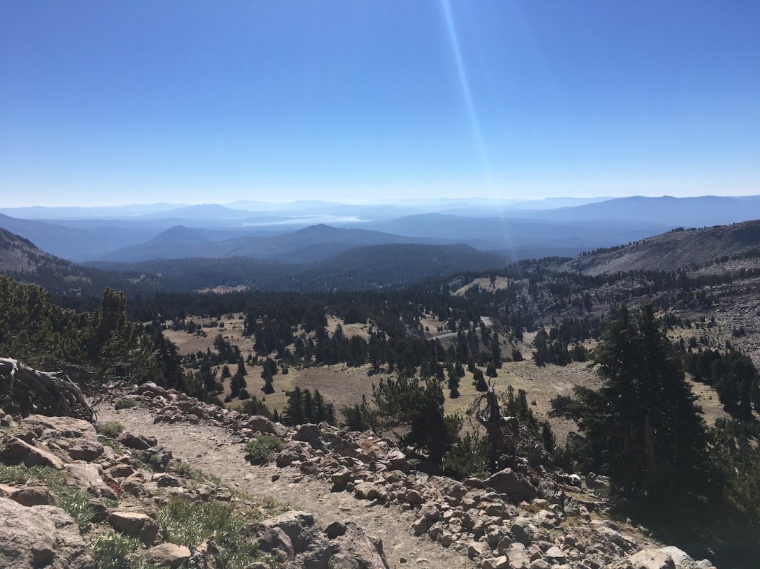 Mountain and lake vistas along the Lassen Peak trail in Lassen Volcanic National Park