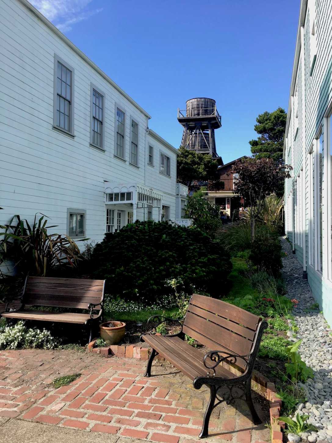 Pocket garden and water tower in Mendocino, California