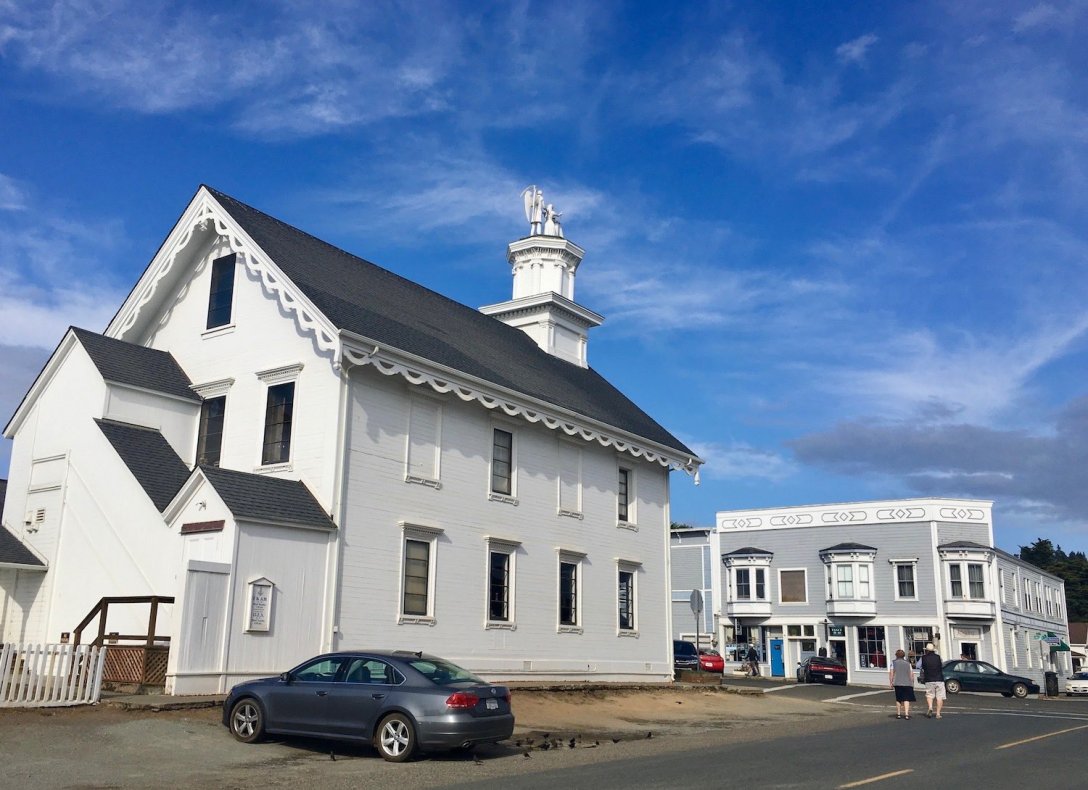 Time and the Maiden Statue freemason sculpture atop the Savings Bank of Mendocino County, the building once a masonic lodge