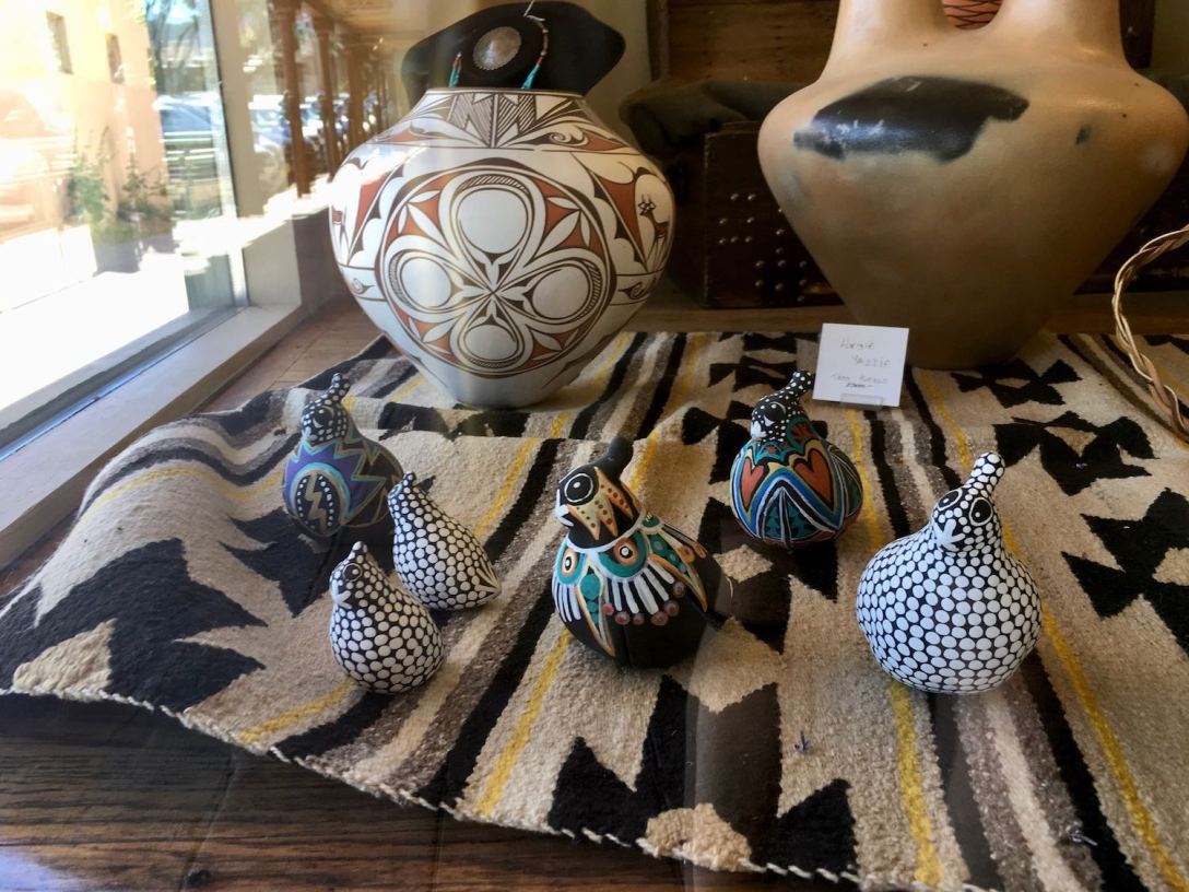 Art pottery clay quail sculptures found at Taos, New Mexico gallery