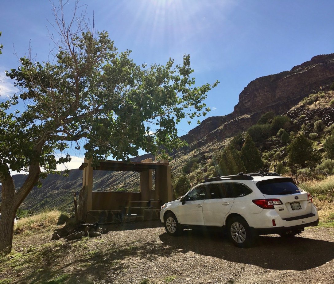 Subaru at my campsite at Taos Junction Campground in Orilla Verde Recreation Area