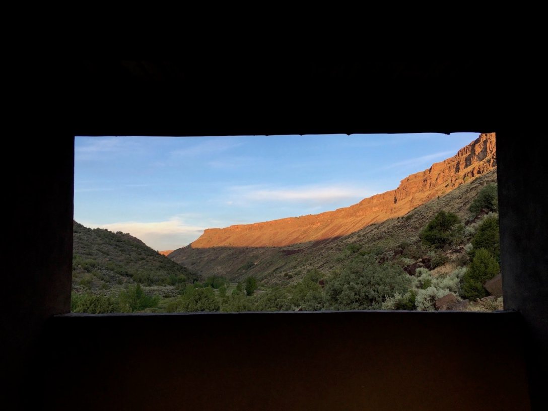 View from the adobe shade pavilion at my campsite at Taos Junction Campground in Orilla Verde Recreation Area