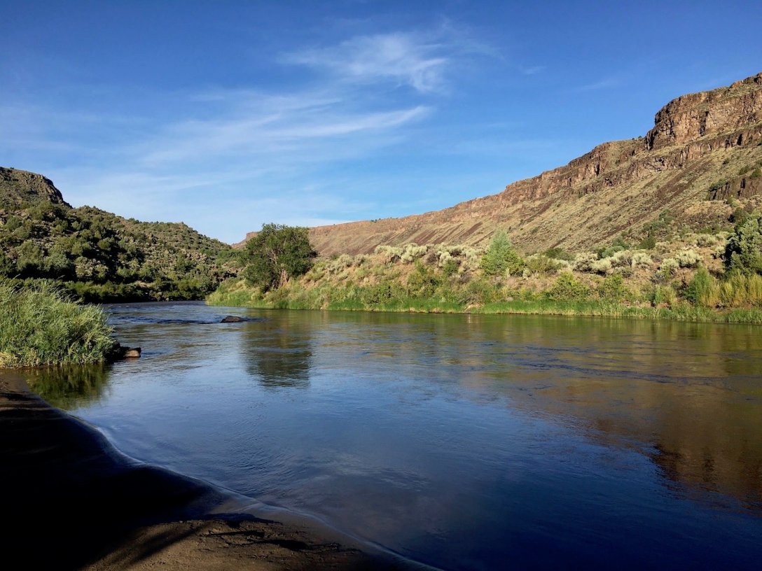 Rio Grande viewed from sandy beach below Taos Junction Bridge in Orilla Verde Recreation Area